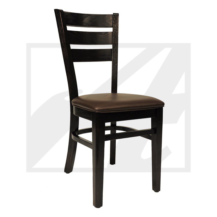Simple wooden chair with dark finish and horizontal back slats.