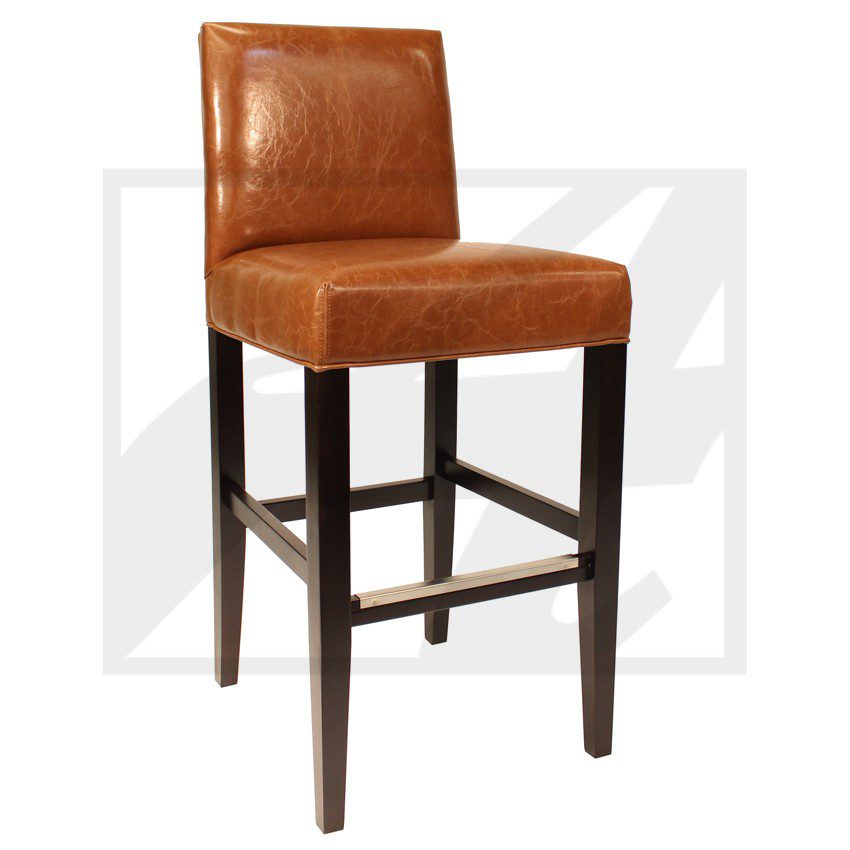 Brown leather bar stool with dark wooden legs.