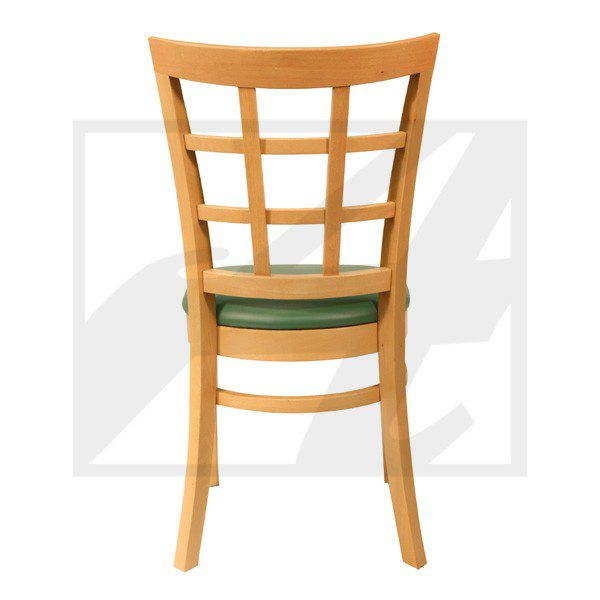 Wooden chair with green cushioned seat and lattice backrest.