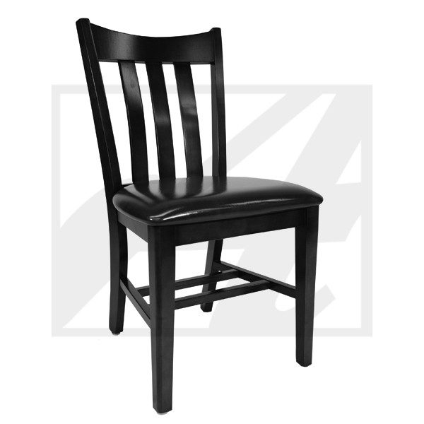 Black wooden chair with vertical slats and a simple design.