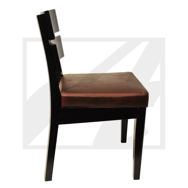 Elegant black wooden chair with a cushioned brown seat.