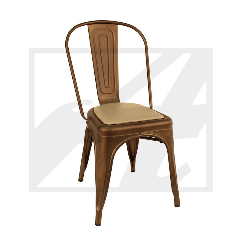 Rustic metal chair with a wooden seat and curved backrest.