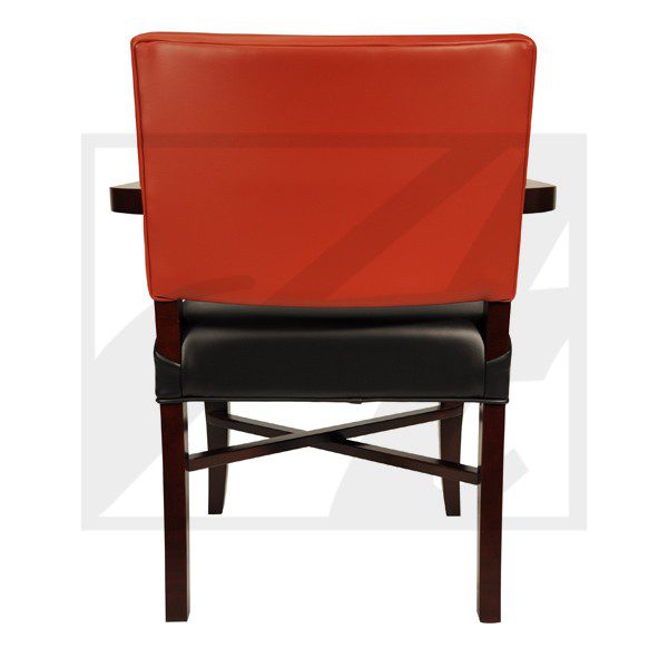 Red and black cushioned chair with wooden frame, viewed from the back.