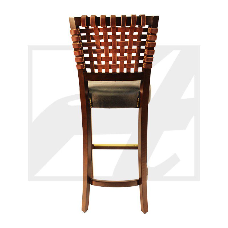Wooden bar stool with woven backrest and cushioned seat.