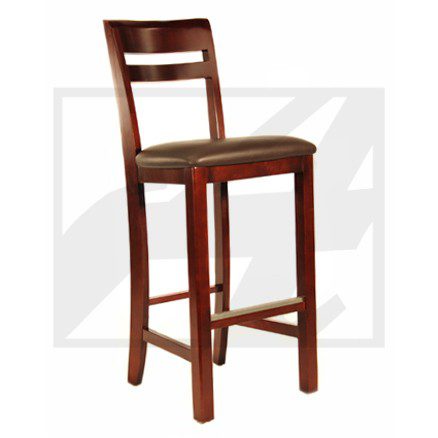 Wooden bar stool with cushioned seat and ladder back design.