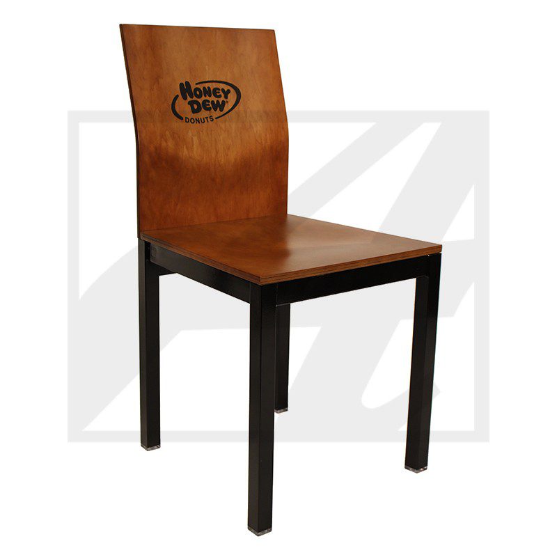 Wooden chair with black legs and a branded backrest.