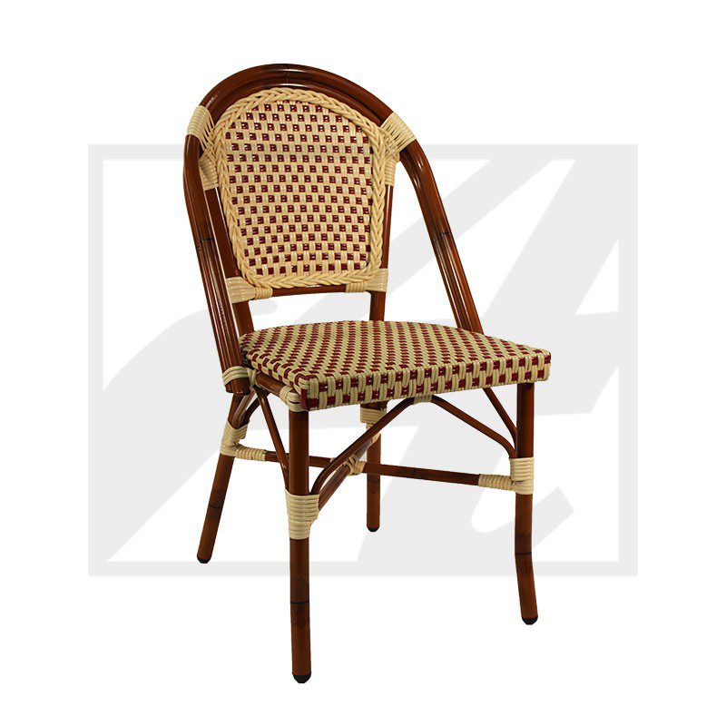 Woven rattan chair with brown and beige pattern.