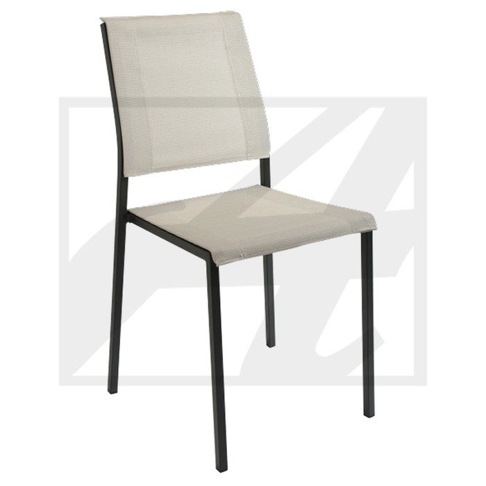 Modern chair with a black metal frame and beige cushioned seat and backrest.