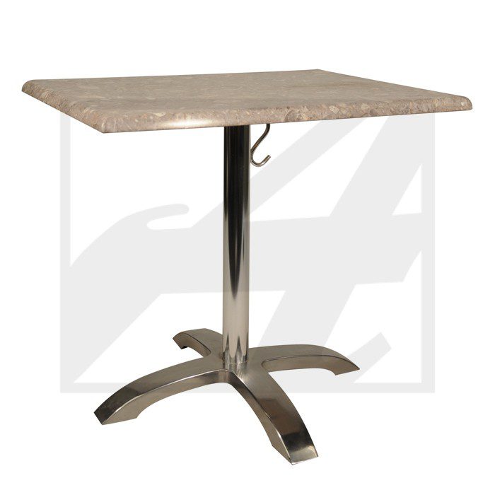 Square table with a marble top and metal base.