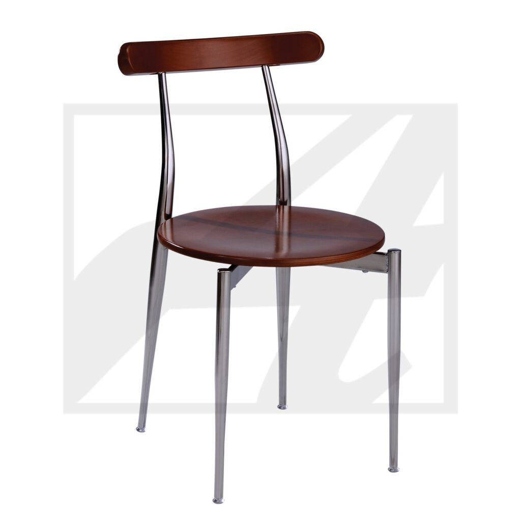 Modern chair with metal legs and wooden seat and backrest.
