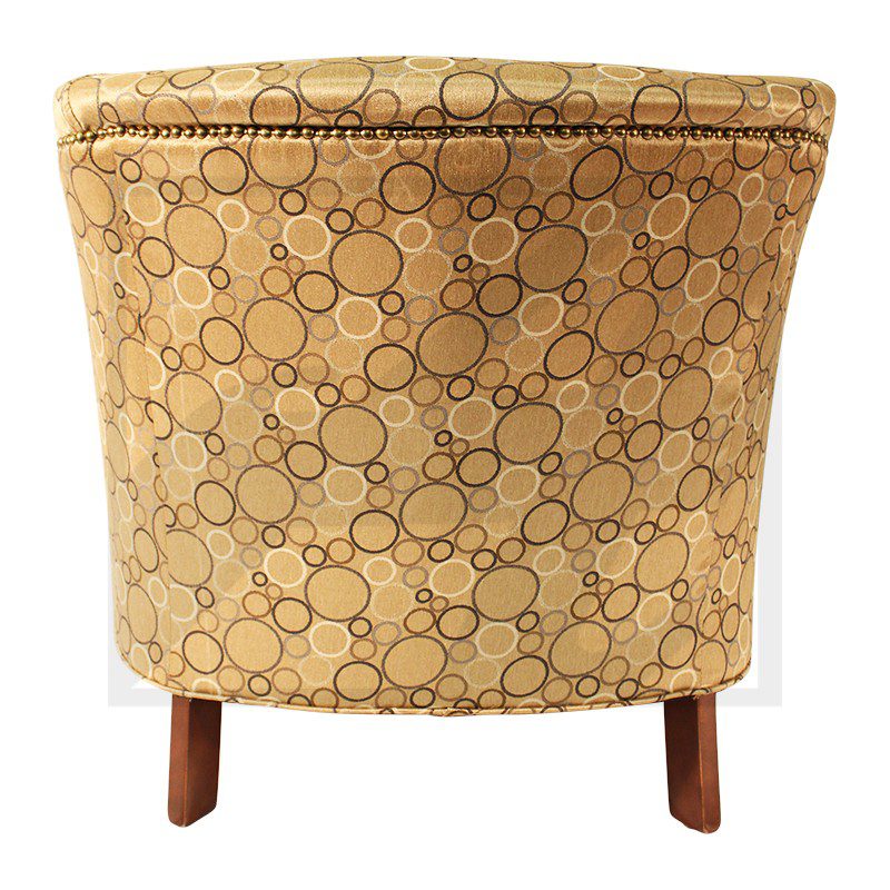 Circular-patterned upholstered chair with wooden legs.
