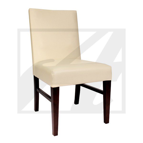 Beige upholstered dining chair with dark wooden legs.