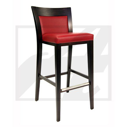 Modern bar stool with black frame and red cushioned seat.