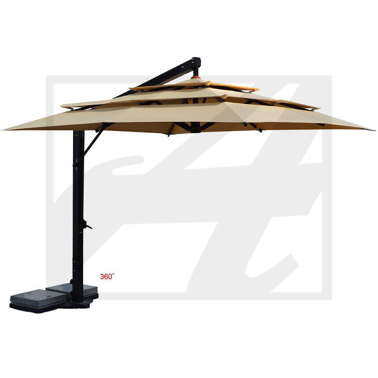 Large cantilever patio umbrella with adjustable tilt and base.