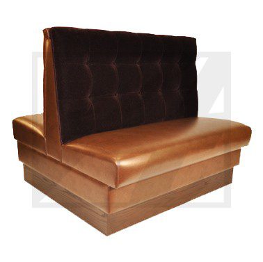 Brown leather booth seating with tufted backrest.