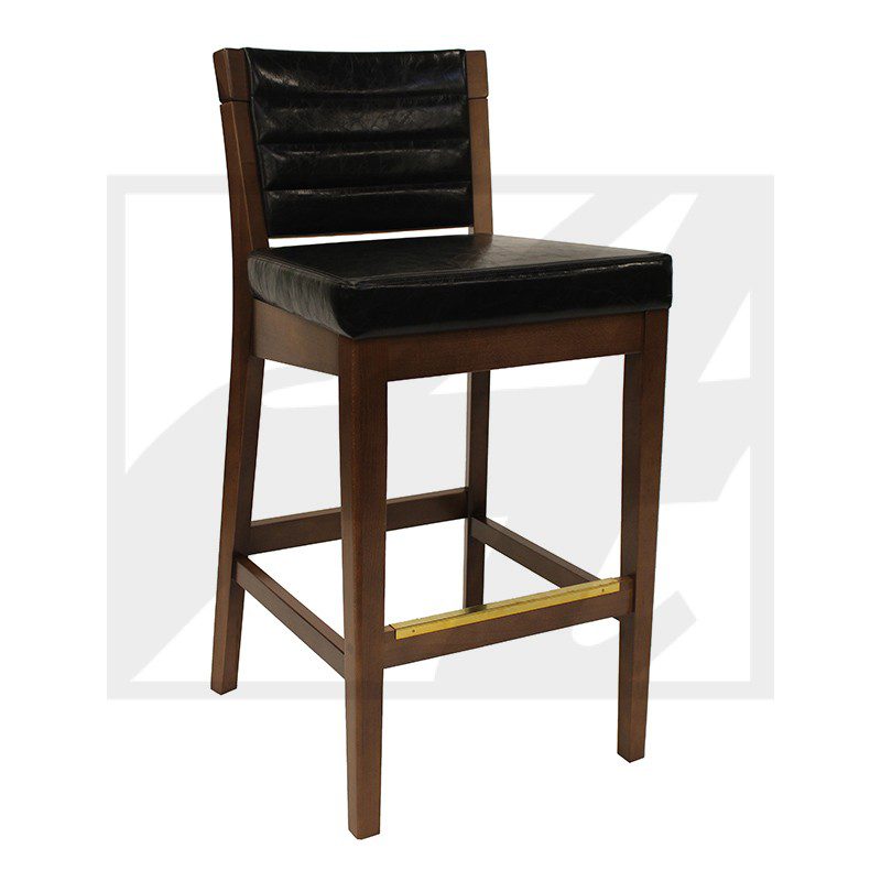 Wooden bar stool with black cushioned seat and backrest.