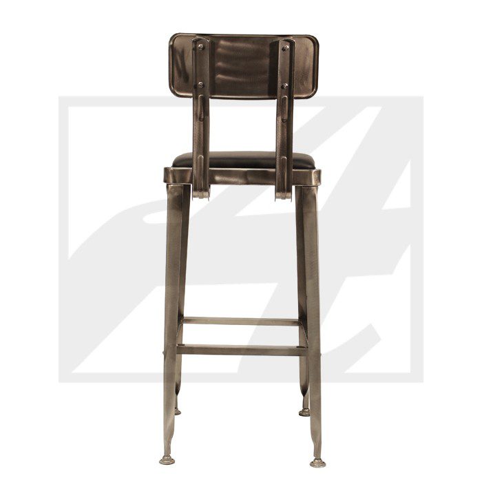 Industrial-style metal bar stool with a cushioned seat and backrest.
