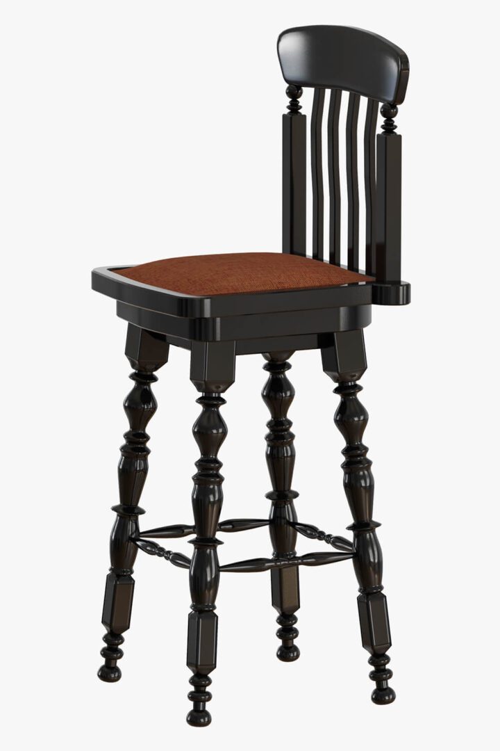 Elegant wooden bar stool with a dark finish and a brown seat.