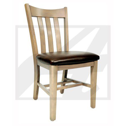 Wooden chair with a padded black seat and vertical slats on the backrest.