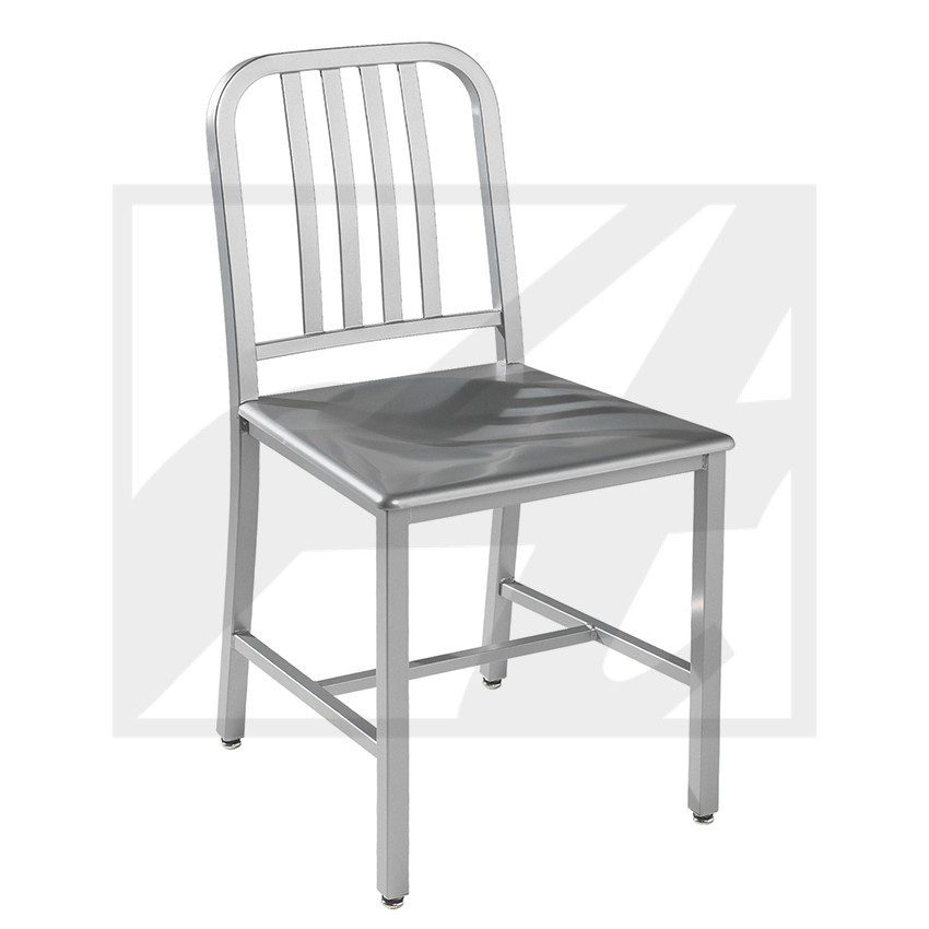 Simple metal chair with vertical bars on the backrest.