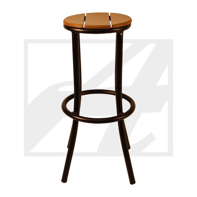 Wooden bar stool with round seat and metal legs.