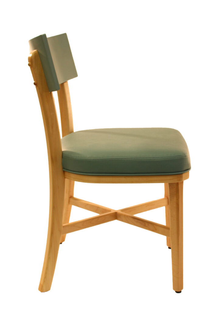 Wooden chair with green cushioned seat and backrest.