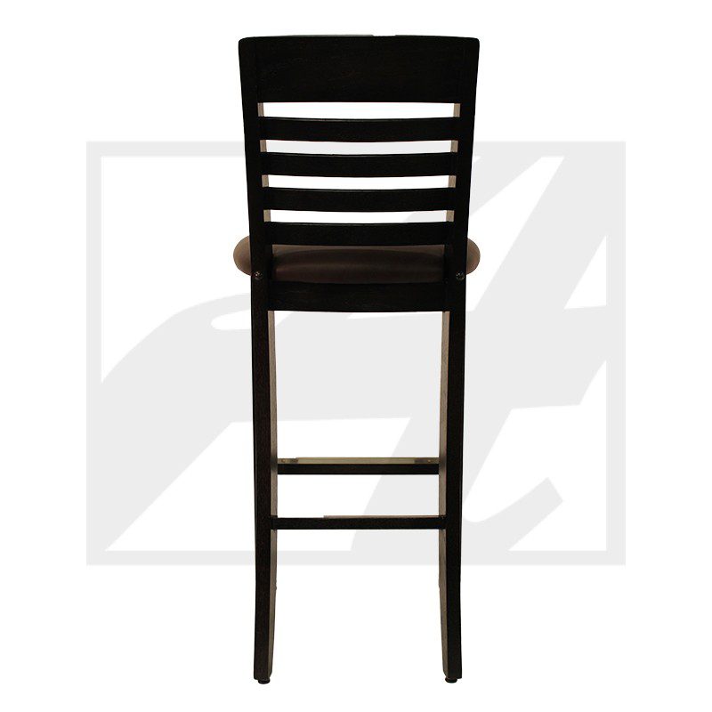 A tall wooden bar stool with a slatted backrest and footrest.