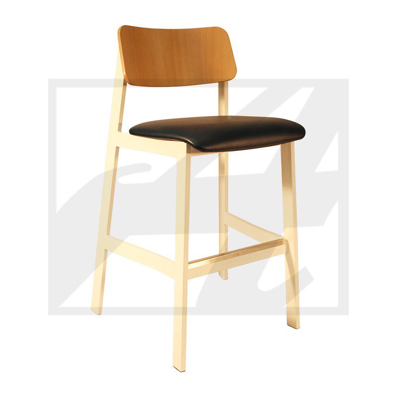 Modern wooden chair with black cushioned seat and backrest.