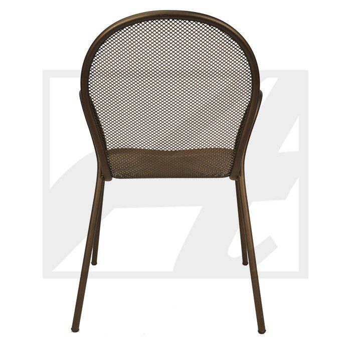 Brown mesh outdoor chair with metal frame.