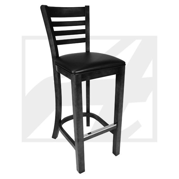 Black wooden bar stool with cushioned seat and backrest.