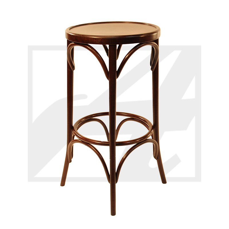 Elegant wooden round stool with curved supports and four legs.