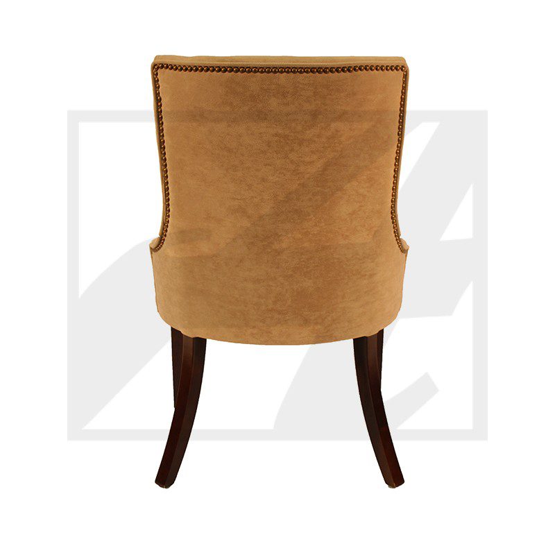 Brown upholstered chair with curved back and dark wooden legs.