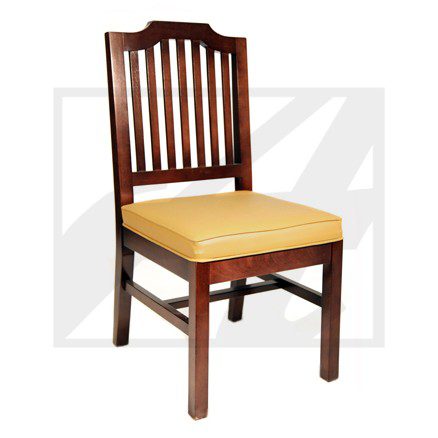 Wooden chair with a cushioned seat and vertical slat backrest.