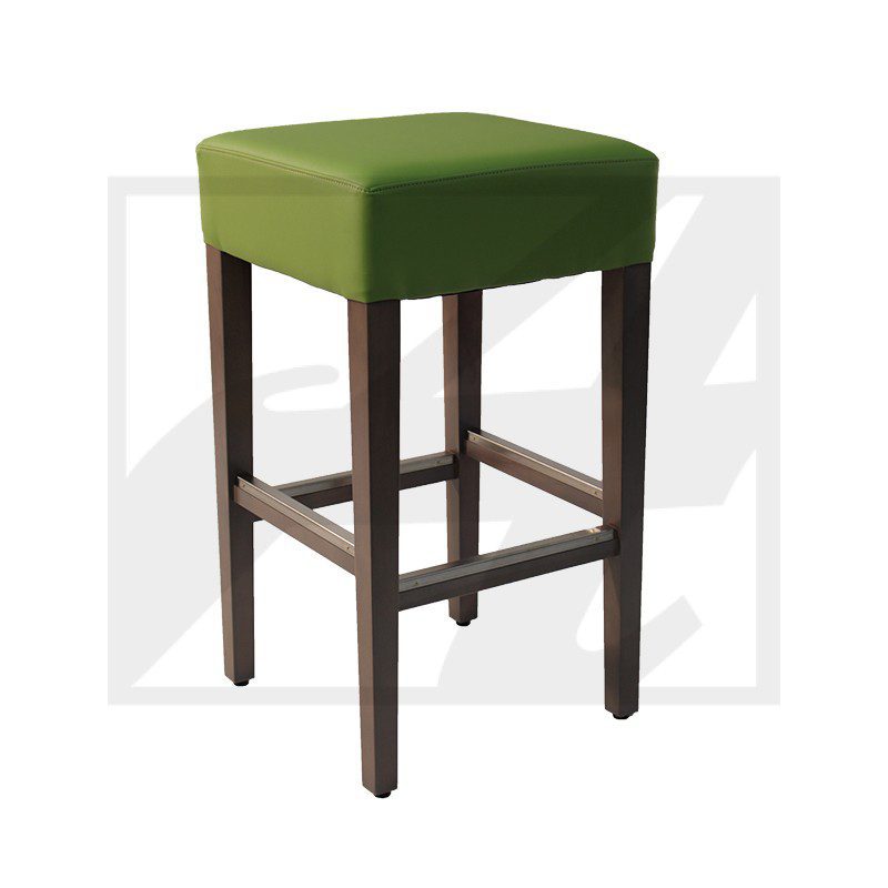 A green cushioned wooden bar stool with footrests.