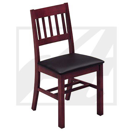 Wooden chair with a cushioned black seat and vertical back slats.