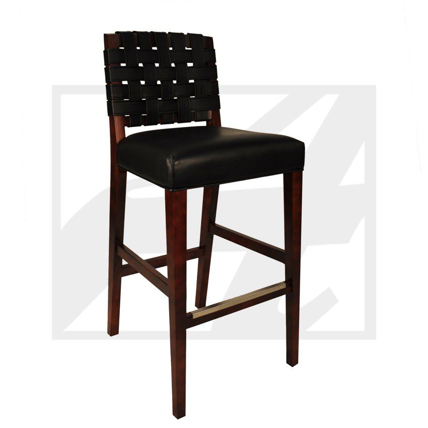 Elegant dark wooden bar stool with black cushioned seat and backrest.