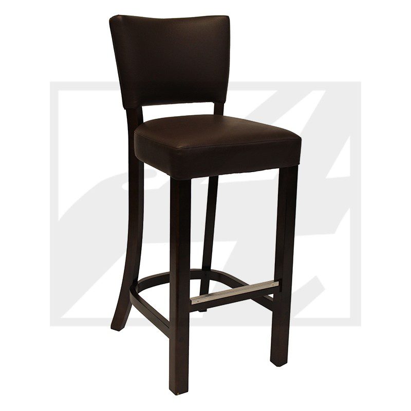 Tall, dark wooden bar stool with a cushioned seat and backrest.