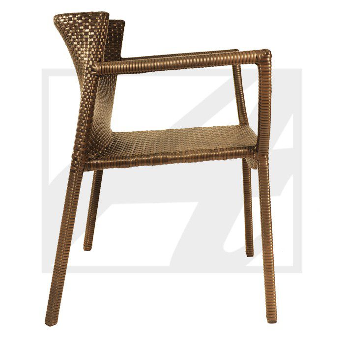 Modern brown wicker chair with armrests and a minimalist design.