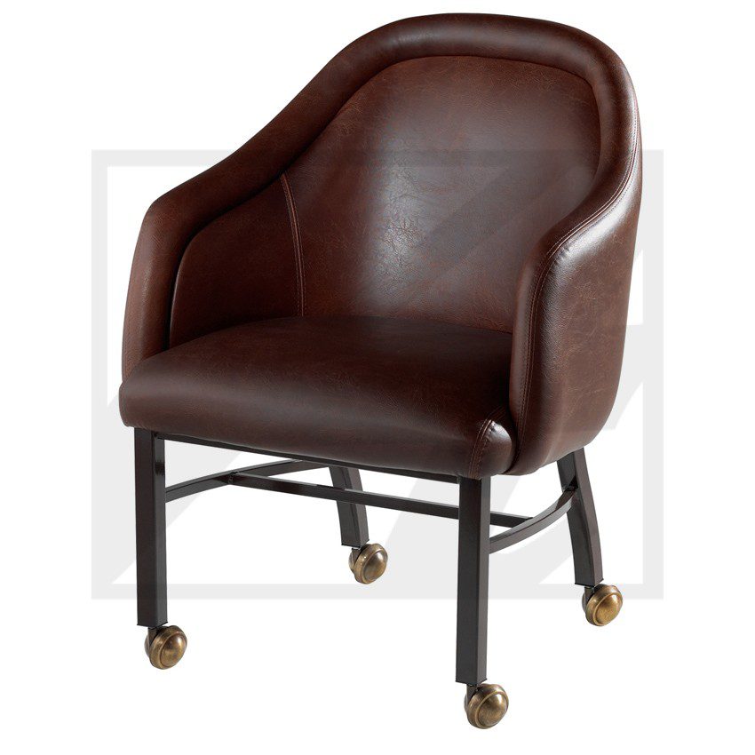 Brown leather office chair with wheels and armrests.