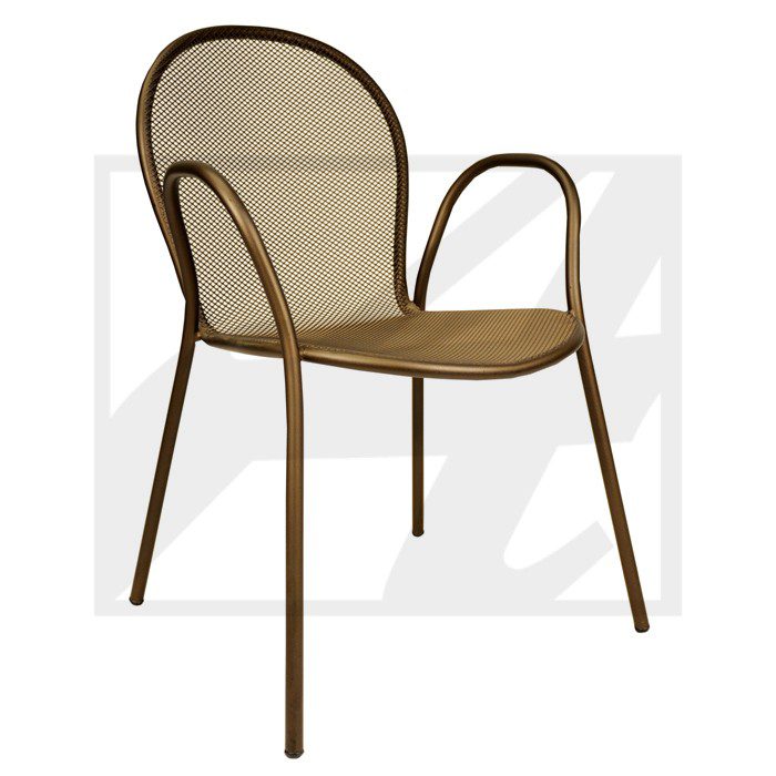 Modern chair with curved armrests and mesh seat and backrest.