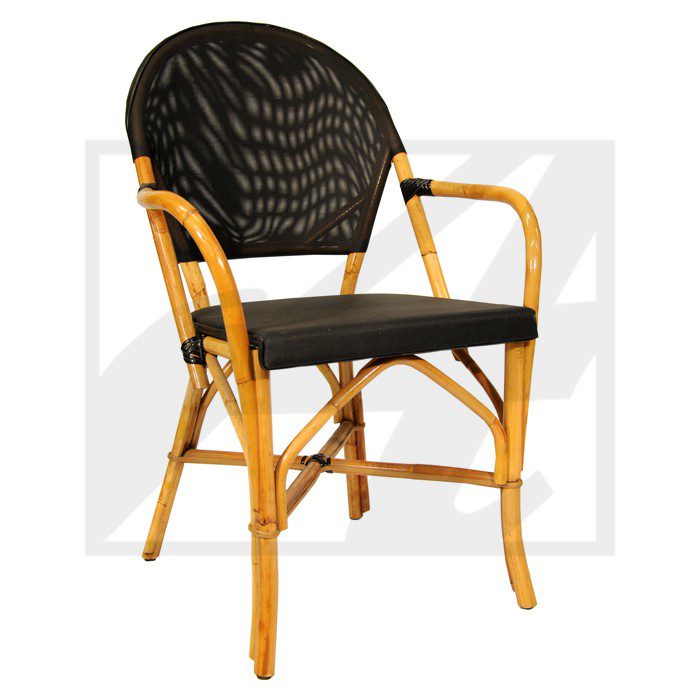 Black and natural bamboo chair with woven backrest and seat.