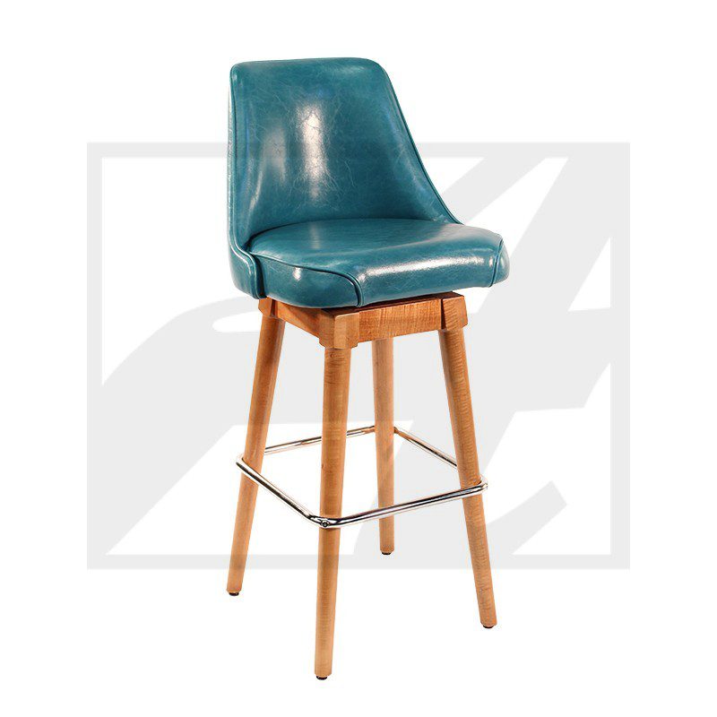 Teal cushioned bar stool with wooden legs and footrest.