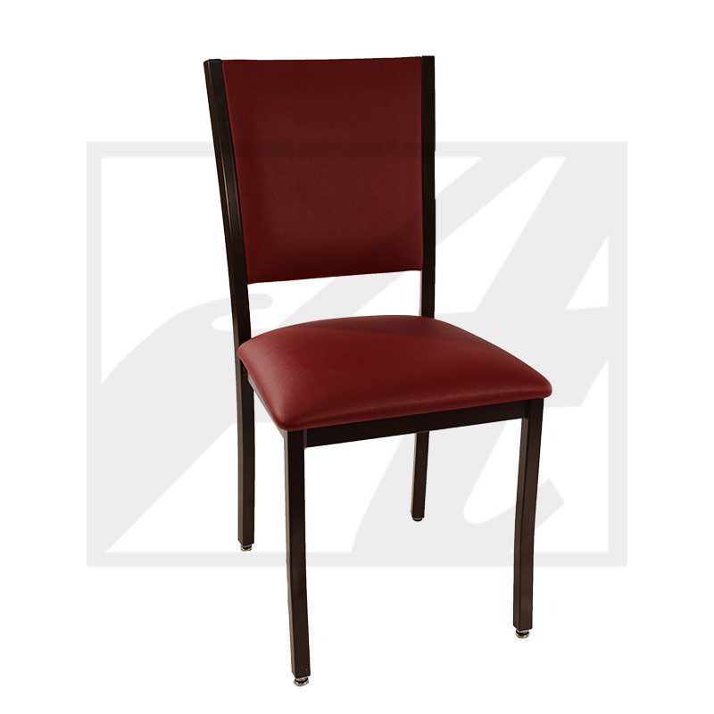 Elegant wooden chair with deep red cushioned seat and backrest.