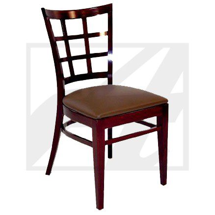 Wooden chair with a cushioned seat and grid-style backrest.