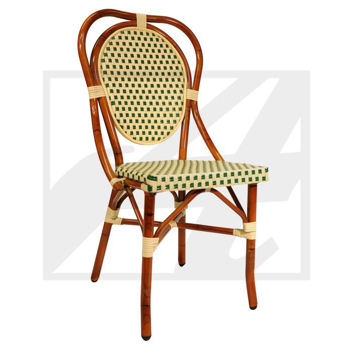 Classic woven rattan chair with a patterned seat and backrest.