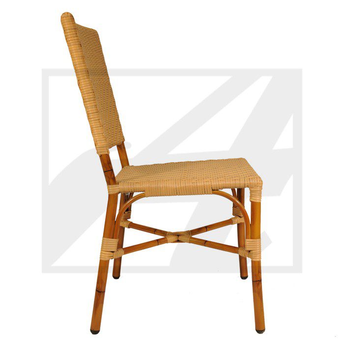 Wooden chair with woven seat and backrest.