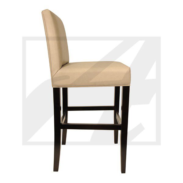Beige cushioned bar stool with dark wooden legs and footrest.