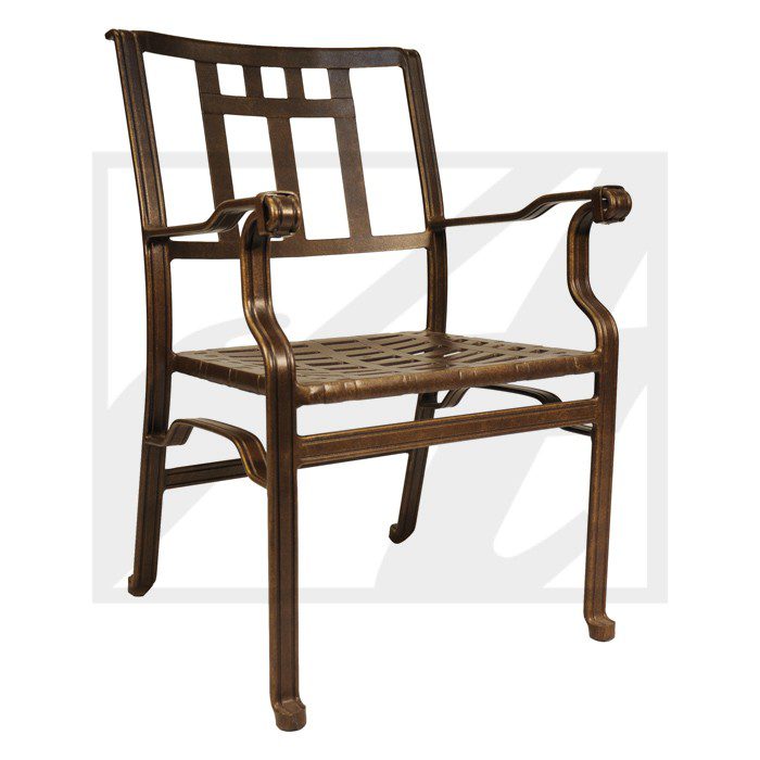 Antique wooden armchair with curved armrests and woven seat.