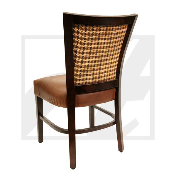 Wooden chair with cushioned seat and checkered backrest.