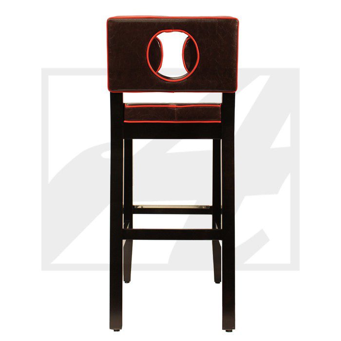 Dark wooden bar stool with a baseball-themed backrest cutout.